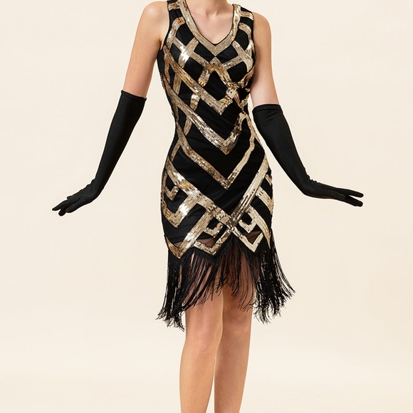 Dresses & Skirts - Glamorous Black and Gold Fringe Mini Dress